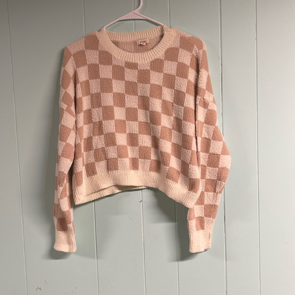 Debut Checkered Crew Neck Sweater - Cream and Tan